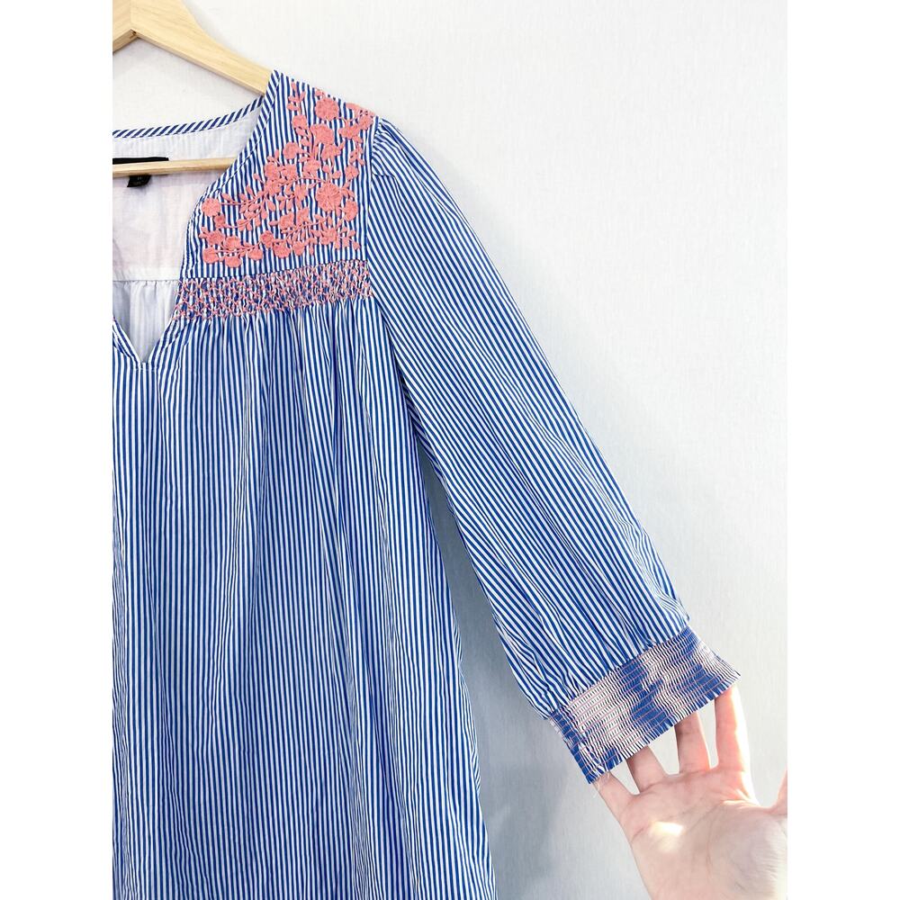 J Crew Floral Embroidered Popover Dress Ruffled Hem Blue White Stripe Medium - Picture 5 of 9